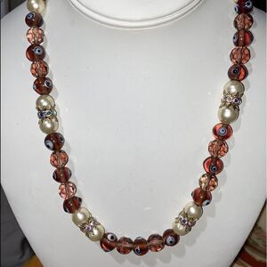 Vintage Evil Eye Glass Bead Necklace Boho Pearl Rhinestone Accent